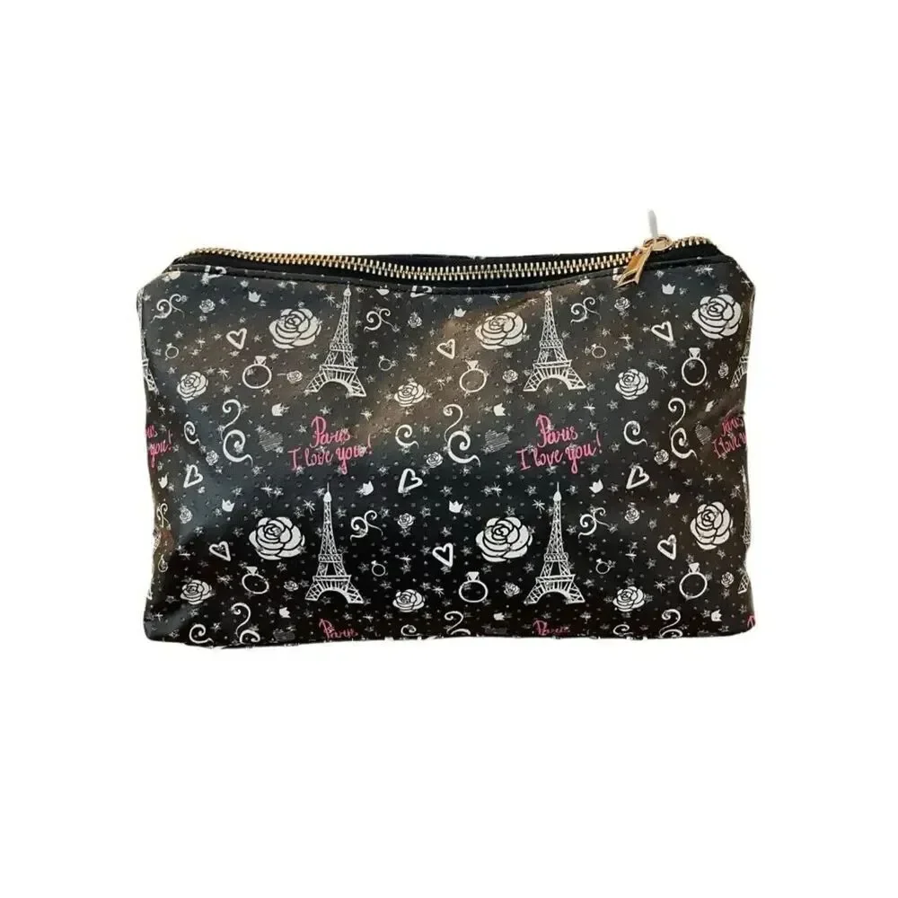 Paris I Love You Eiffel Tower Cosmetic Bag Zip Makeup Clutch Sparkles Roses NWT